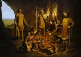 An artist's depiction of the Red Lady of Paviland being coated in red ochre.
